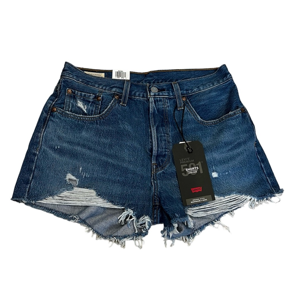 Levi's 501 Original High Rise Distressed Denim Shorts Athens Medium Wash Size 28